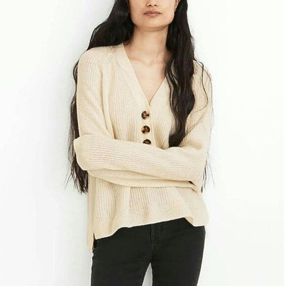 Madewell Cream Ribbed Merino Wool V-Neck Pullover Sweater Long Sleeve Fall XS - Picture 1 of 14